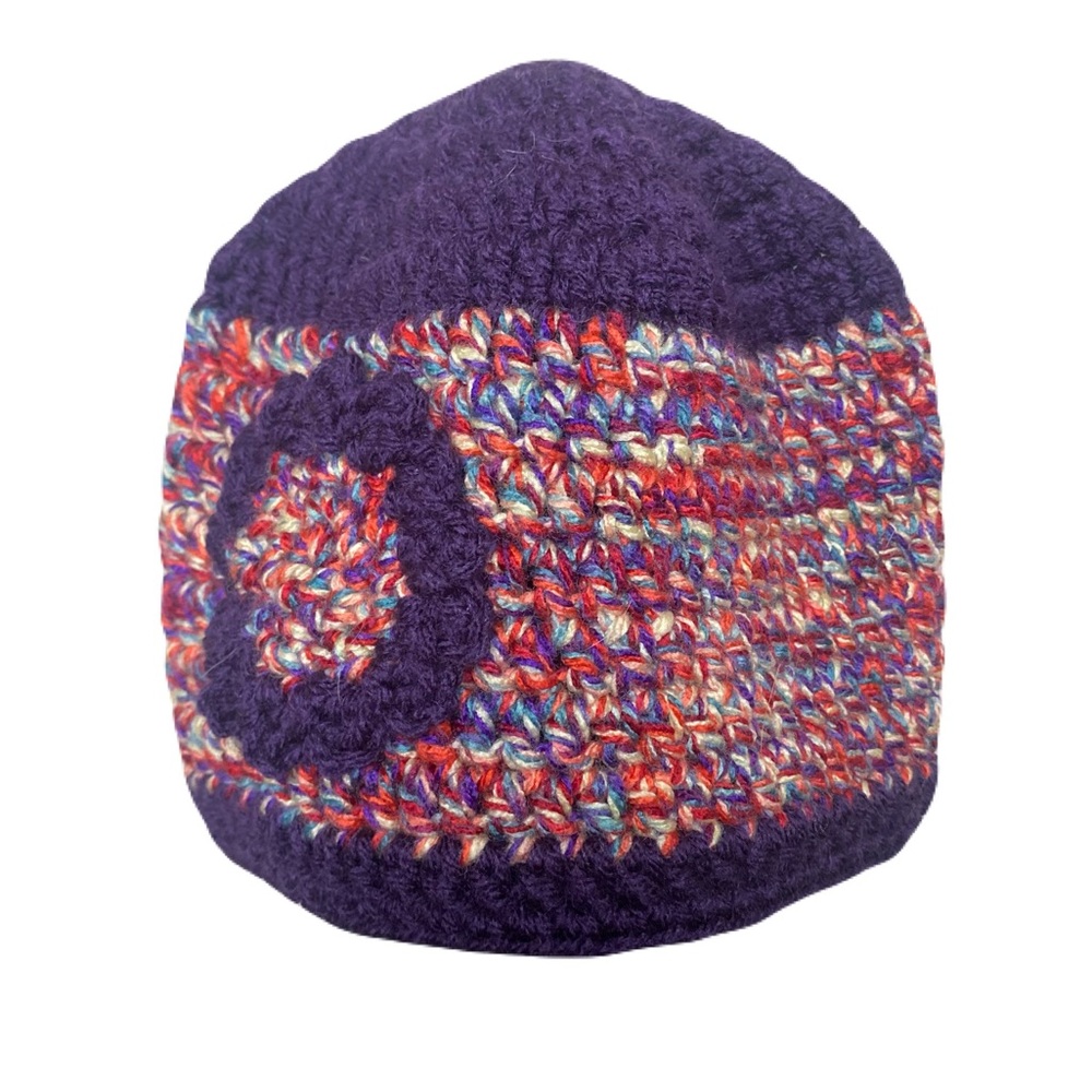 Handmade Color block‎ Purple Colorful Crochet Beanie w/ Floral Embellishment 8”